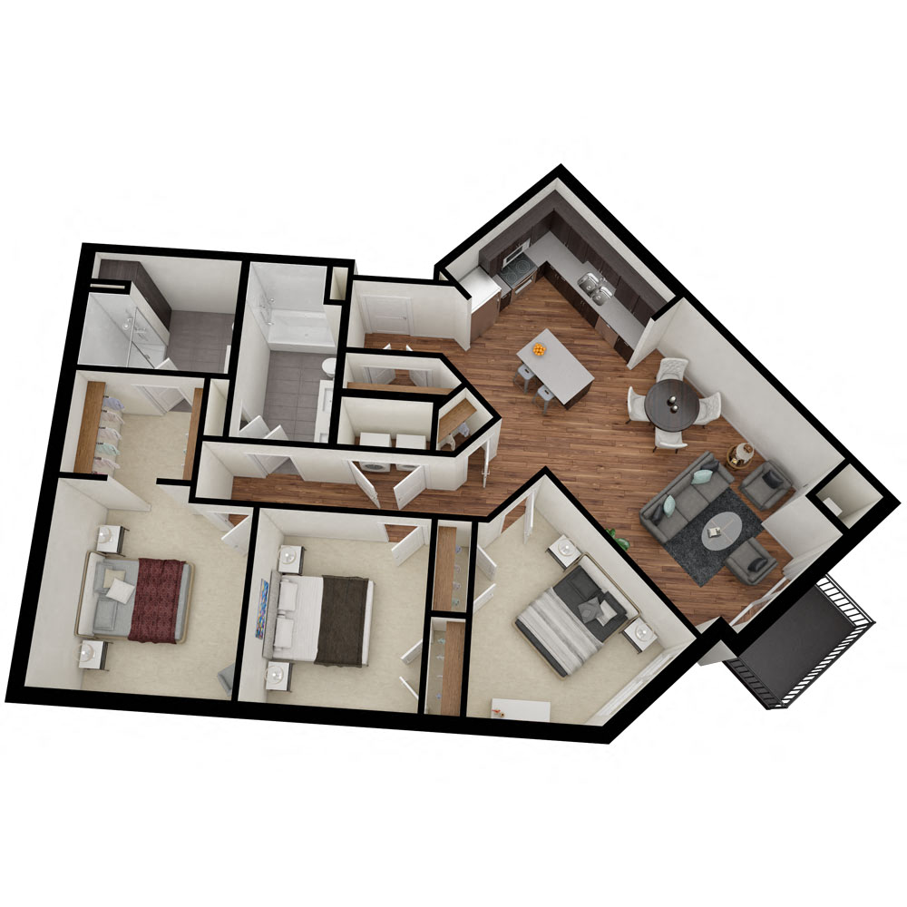 Floor plan for 3 beds, 2 baths, 1218 sqft